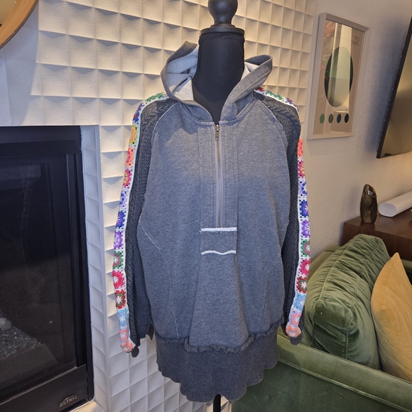 POL Half Zip Grey Hoodie with Boho Grandmacore Crochet Sleeves, Size Small - Picture 2 of 11